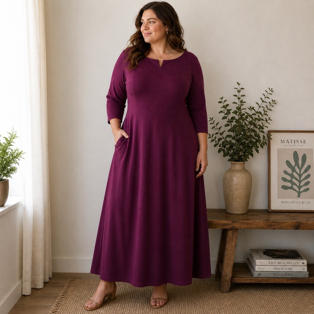 Marycrafts Plum Purple Fit and Flare Midi‎ Dress Elbow Sleeve Boat Neck Notch
